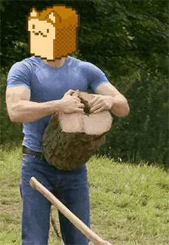 Man in Blue Shirt Holding Log With Pixelated Bread Face on Head