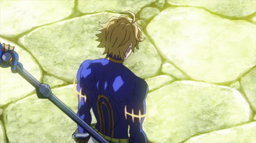Man In Blue Shirt Holding Sword GIF