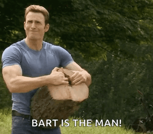 Man in Blue Shirt Holding Wood Says Bart Is The Man