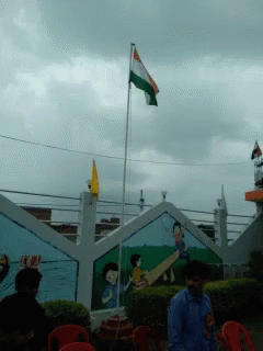 Man In Blue Shirt In Front Of Fence And Flag GIF