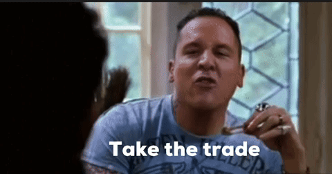 Man In Blue Shirt Saying Take The Trade While Eating GIF