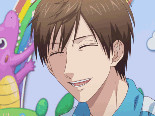 Man in Blue Shirt Smiling at Pink Dinosaur