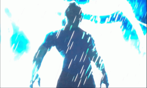 Man in Blue Shirt Standing in Rain With Lightning Bolt