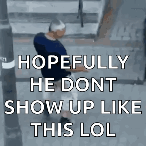Man In Blue Shirt Walking Down Street With Hopefully He Dont Show Up Like This Lol GIF