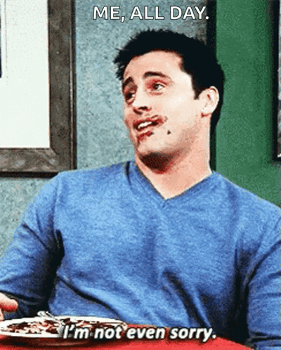 Man in Blue Shirt With Food Saying Me All Day