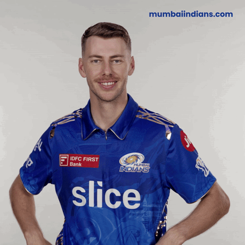 Man in Blue Shirt with Slice