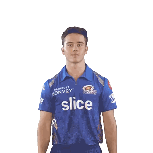 Man in Blue Shirt with Slice