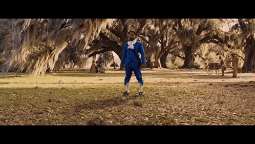 Man in Blue Suit in Field with Trees