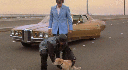 Man in Blue Suit Kneeling Beside Dog and Brown Car