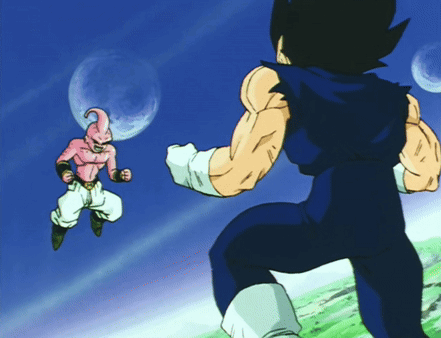 Man in Blue Suit Next to Pink Cartoon Character