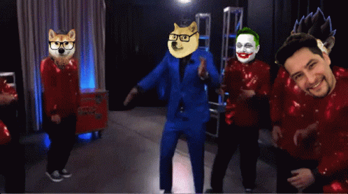 Man in Blue Suit Wearing Doge Mask