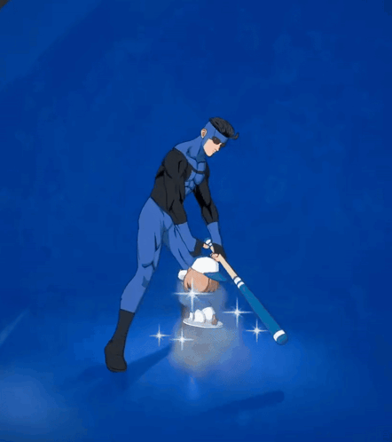 Man In Blue Superhero Costume Swinging A Bat GIF
