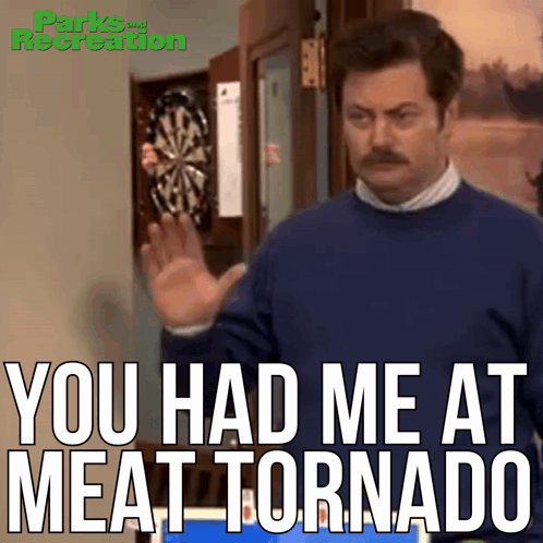 Man in Blue Sweater Saying Meat Tornado