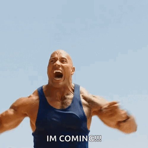 Man In Blue Tank Top Screaming I'm Coming GIF