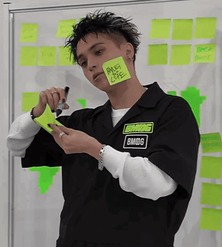 Man in Bmdg Shirt Holding Paper Over Face