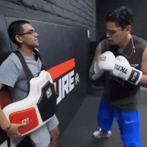 Man in Boxing Gloves Next to Man With Vest Saying Ure