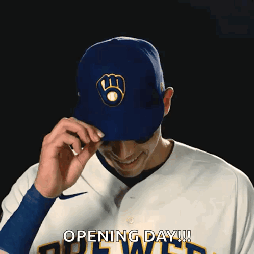 Man in Brewers Hat Smiling Saying Opening Day