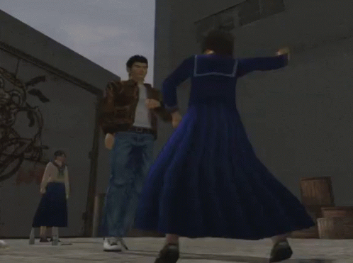 Man in Brown Jacket Next to Woman in Blue Dress in Video Game