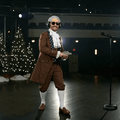 Man in Brown Suit Throwing Money with Headphones