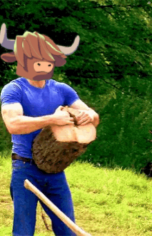 Man in Bull Mask Holding Log and Shovel