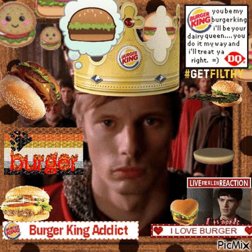 Man in Burger King Crown Surrounded by Hamburgers