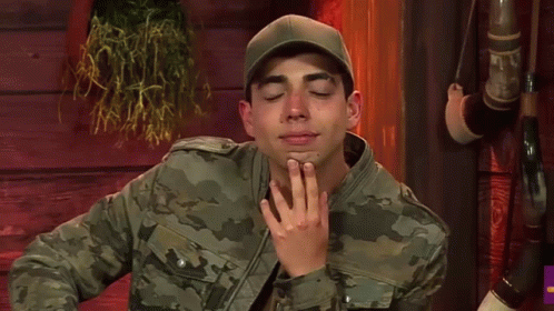 Man in Camouflage Jacket and Hat Making Funny Face