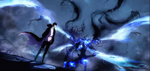 Man in Cape Facing Monster with Blue Flames