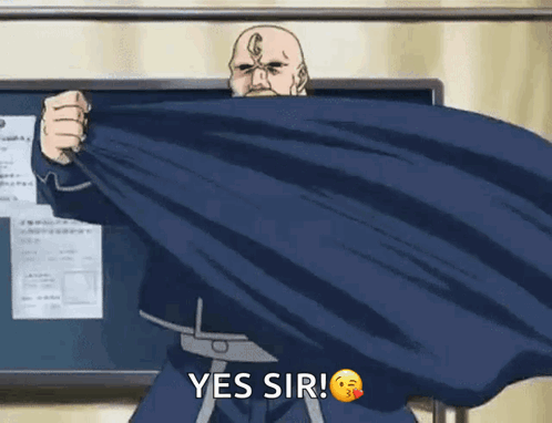 Man in Cape Holding Blue Cloth Saying Yes Sir