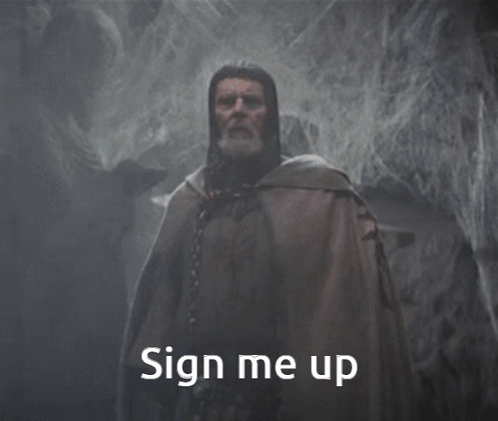 Man in Cape Saying Sign Me Up in Dark Cave