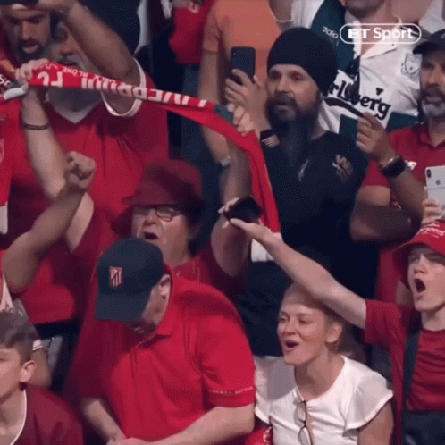Man in Carlsberg Shirt Holding Up Scarf in Crowd