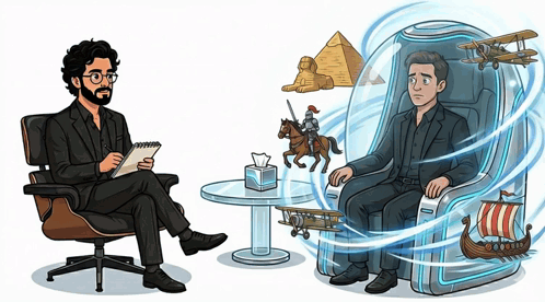 Man in Chair Talking to Another Man