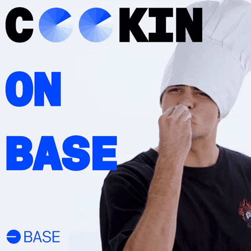 Man in Chef Hat Sniffing Nose in Front of Cockin on Base Sign
