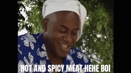 Man in Chef's Hat Saying Hot Spicy Meat