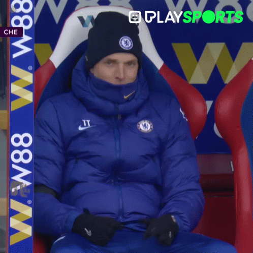 Man In Chelsea Jacket Watching Game At Stadium GIF
