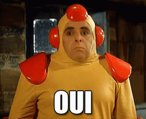 Man In Chicken Costume With Oui On Shirt GIF