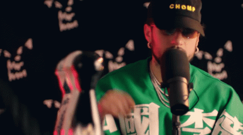 Man In Chomp Hat And Green Shirt Singing Into Microphone GIF