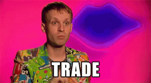 Man In Colorful Shirt With Word Trade On Pink Background GIF