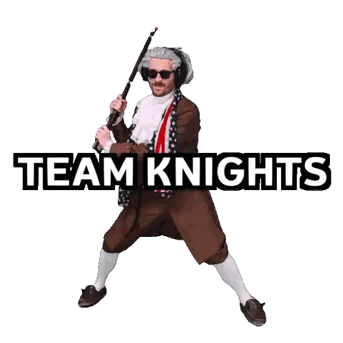 Man in Costume Holding Cane with Team Knights
