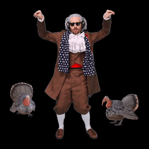 Man In Costume With Turkey On Shoulder GIF