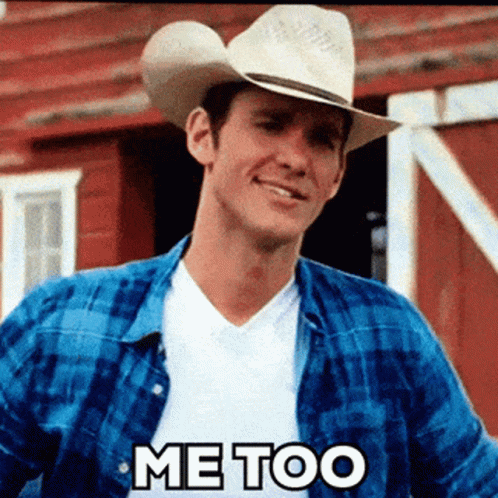Man In Cowboy Hat And Blue Plaid Shirt Saying Me Too GIF