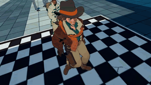 Man In Cowboy Hat And Scarf On Checkered Floor GIF