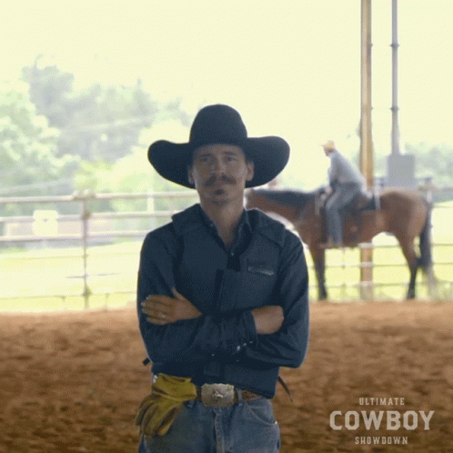 Man In Cowboy Hat Crossed Arms Beside Horse GIF