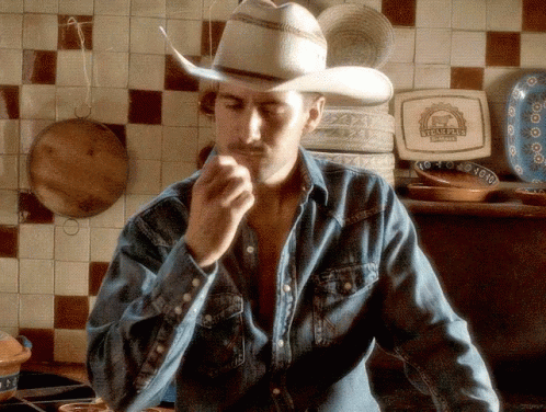 Man in Cowboy Hat Denim Shirt Texas Pie