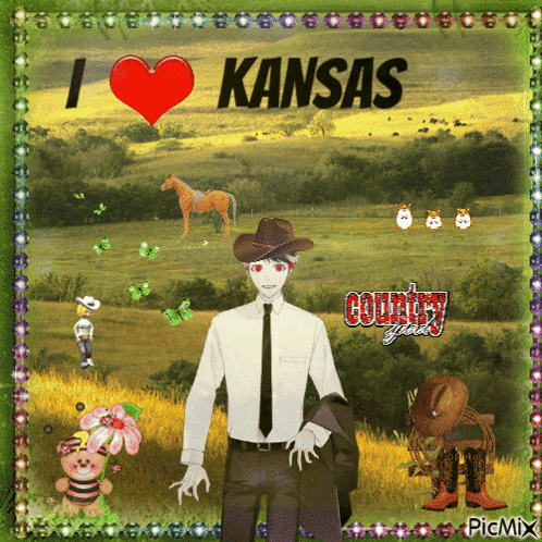 Man in Cowboy Hat in Front of Field Saying I Love Kansas