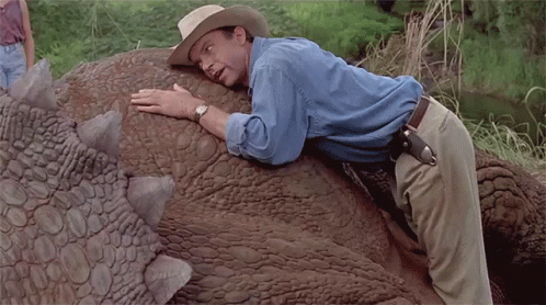 Man In Cowboy Hat Laying On Large Dinosaur Back GIF
