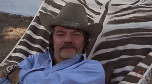 Man In Cowboy Hat Laying On Zebra Chair GIF