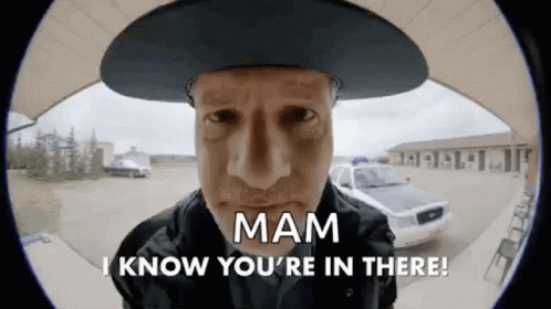 Man in Cowboy Hat Saying Mam I Know You're in There in Front of Police Car
