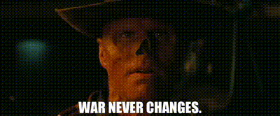 Man In Cowboy Hat Saying War Never Changes GIF