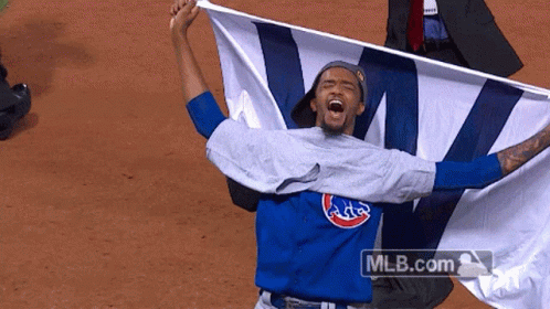 Man In Cubs Shirt Holding W Flag GIF