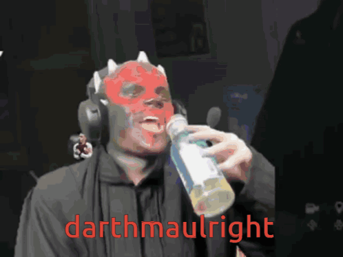 Man In Darth Maul Costume Drinking Bottle GIF